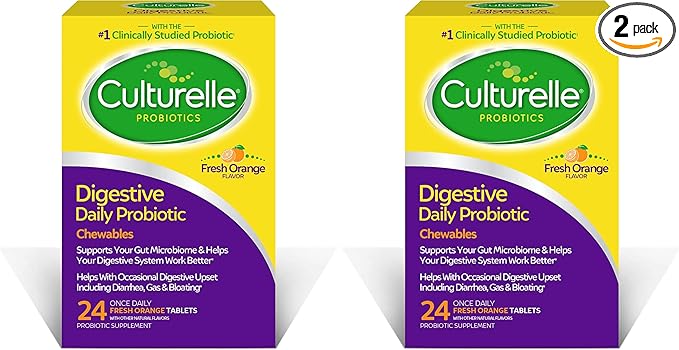 Culturelle Digestive Health Daily Probiotic Chewables for Men & Women, 10 Billion CFUs, Clinically Studied Probiotic, Supports Digestive Health, Diarrhea, Gas & Bloating, 24 Count (Pack of 2)
