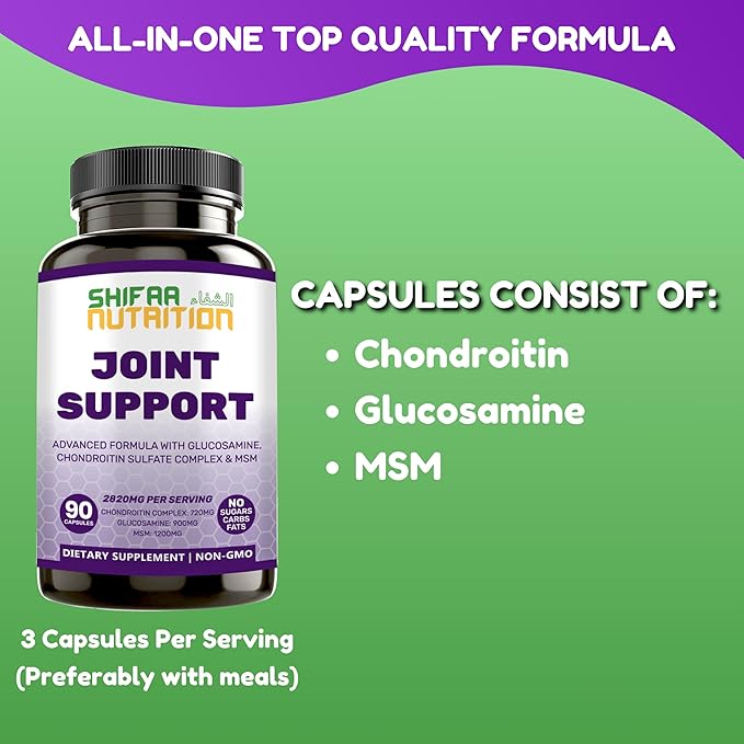 SHIFAA NUTRITION Halal Joint Support Supplement w/Glucosamine Chondroitin MSM | 2820mg 30 Servings | Non-GMO
