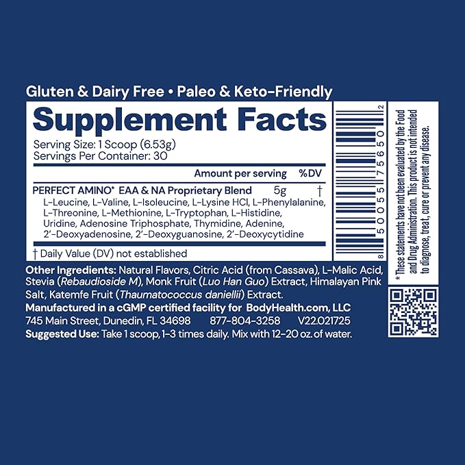 BodyHealth PerfectAmino Powder - BCAA and EAA Powder for Pre and Post Workout - Amino Acid Energy Drink for Men and Women to Support Lean Muscle and Recovery - Strawberry - 30 Servings