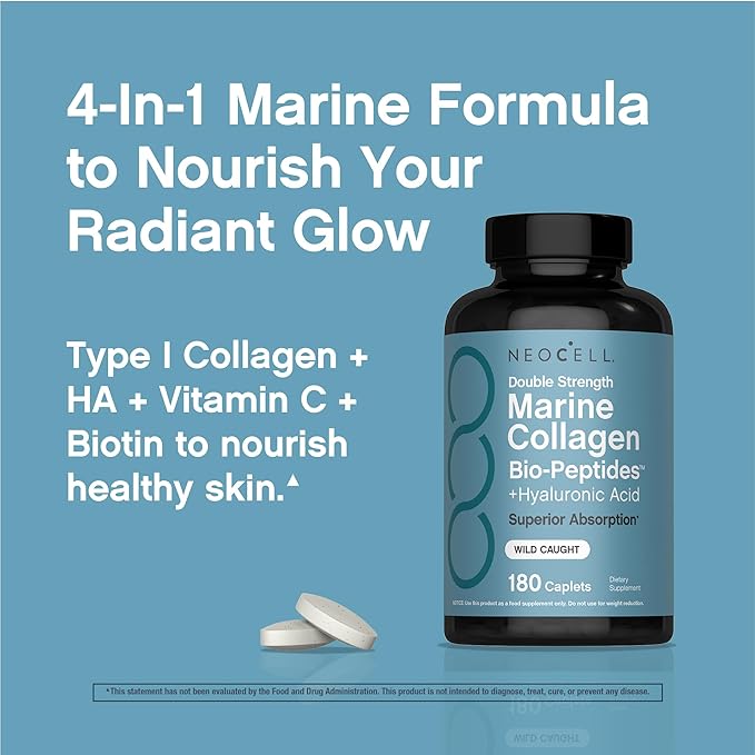 NeoCell Marine Collagen Peptides Supplement | 180 Caplets | with Hyaluronic Acid | Double Strength Formula | Nails, Skin, & Hair