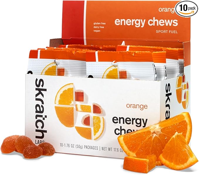 Skratch Labs Energy Chews | Gummies for Running, Cycling & Endurance Quick Carbs for Athletes, Easy to Digest, Real Fruit | Gel Alternative for Long Runs & Rides | Orange 10 Pack | Gluten Free, Vegan