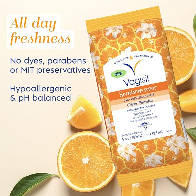 Vagisil Scentsitive Scents Daily Feminine Intimate Wipes for Women, Gynecologist Tested, Citrus Paradise, 20 Wipes in Resealable Pouch (Pack of 1)