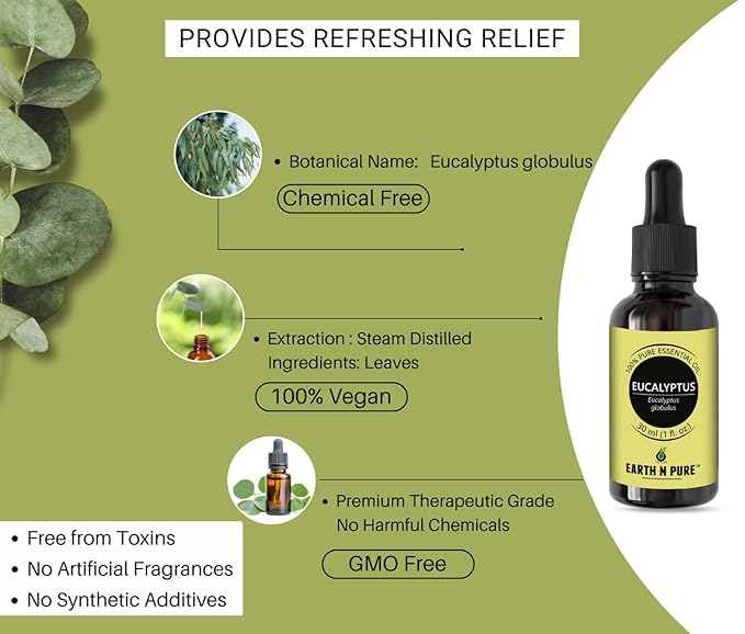 Earth N Pure Eucalyptus Essential Oil (Nilgiri Oil) Steam Distilled, Undiluted, Natural, Therapeutic Grade with Glass Dropper 50 ml