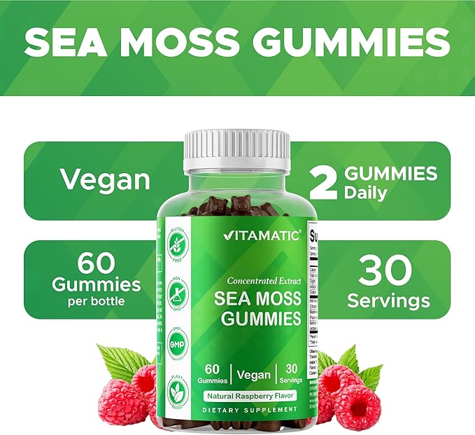 Vitamatic Irish Sea Moss Gummies with Bladderwrack & Burdock Root – Botanical Extract Supplement – Vegan, Non-GMO – 60 Count