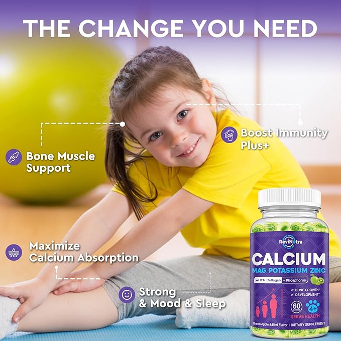 Calcium Potassium Magnesium Gummies for Kids & Adults, Magnesium Potassium Calcium Supplement for Kids, Sleep, Bone Strength, Density Support, Sugar Free, Juice Apple & Kiwi Flavor, 60 Gummies