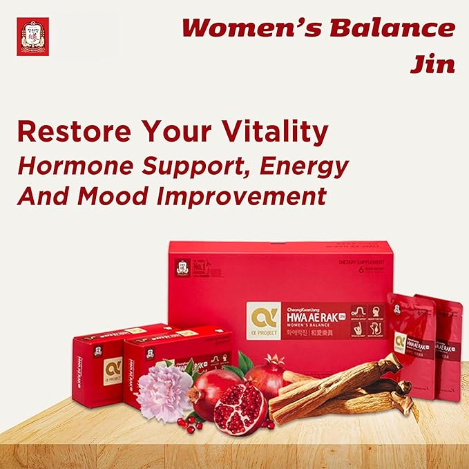 JUNG Kwan Jang Korean Red Ginseng Women's Balance Premium, HWA AE RAK JIN Natural Menopause Supplements for Women, Korean Red Ginseng Drink, Energy Boost, Enhance Circulation - 30 Pouches