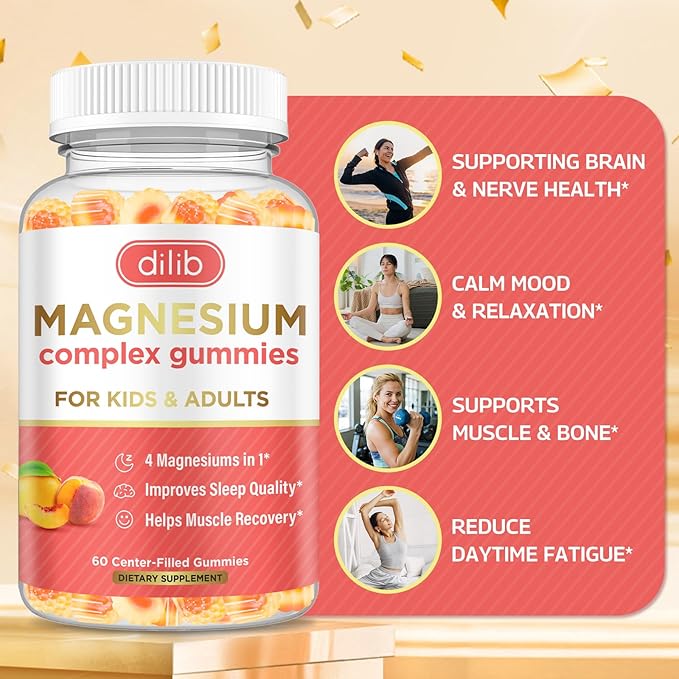 Magnesium Complex Gummies for Kids & Adults- Magnesium Glycinate, Taurate, Citrate, Malate Supplement-Support Calm Stress Relief, Bone, Muscle, Mood Vegan, Peach & Mango Flavor, 60 Gummies