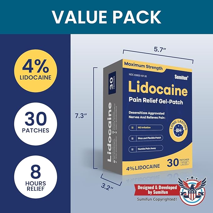 Sumifun 4% Lidocaine Pain Relief Patches 30 Count Maximum Strength Numbing Gel Patch for Back Knee Neck Joint Ache Muscle Soreness Topical Analgesic