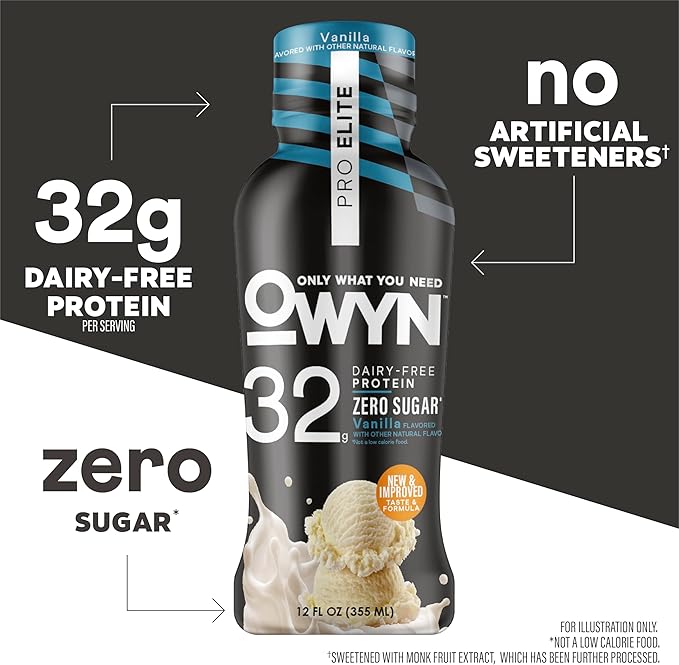 OWYN Only What You Need Pro Elite Vanilla Flavored Protein Shake, 32g Protein, 0g Sugar, High Protein, Dairy Free, Gluten Free, Plant Based Protein Drink, 12 Count
