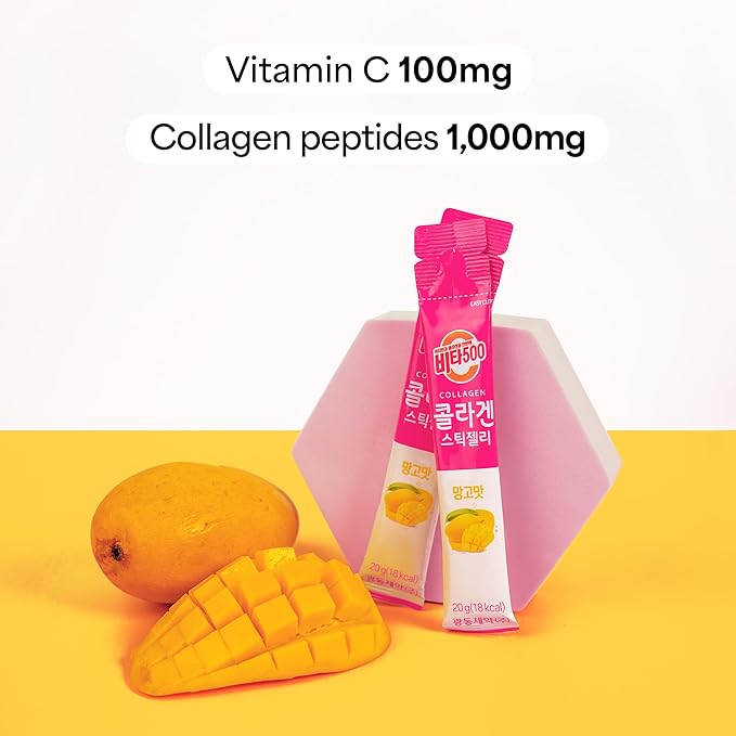 KWANGDONG Vita500 Mango Collagen Peptides Korean Jelly Stick with Vitamin C | Marine Collagen for Hair, Skin, Nails, Beauty, Joints, Minerals & Antioxidants Support | Convenient Daily Sticks 15 Pack