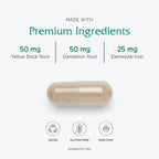 Vitanica Iron Extra, Iron Supplement Enhanced Absorption with Vitamin C 500mg, Methylfolate 400mcg, B12 Vitamin 500mcg, Calcium, Yellow Dock, Dandelion Root & Nettle Leaf Extract, Vegan, 60 Capsules