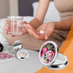 WLLHYF Pill Box Cute Small Pill Box for Purse & Pocket Medicine Organizer Travel Pillbox Waterproof Pill Case Metal Pill Container Holder for Vitamins, Fish Oil, Supplements (Silver Peony)