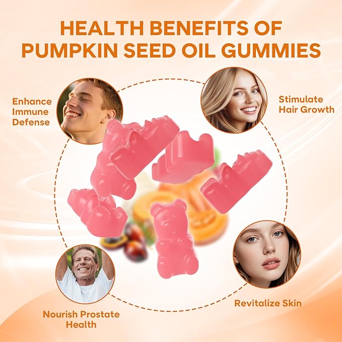 Pumpkin Seed Oil Gummies with Saw Palmetto, Organic Pumpkin Seed Oil Supplement, High-Purity Extract for Hair Growth, Skin Health, & Immune Support, Raspberry Flavor, 60 Count