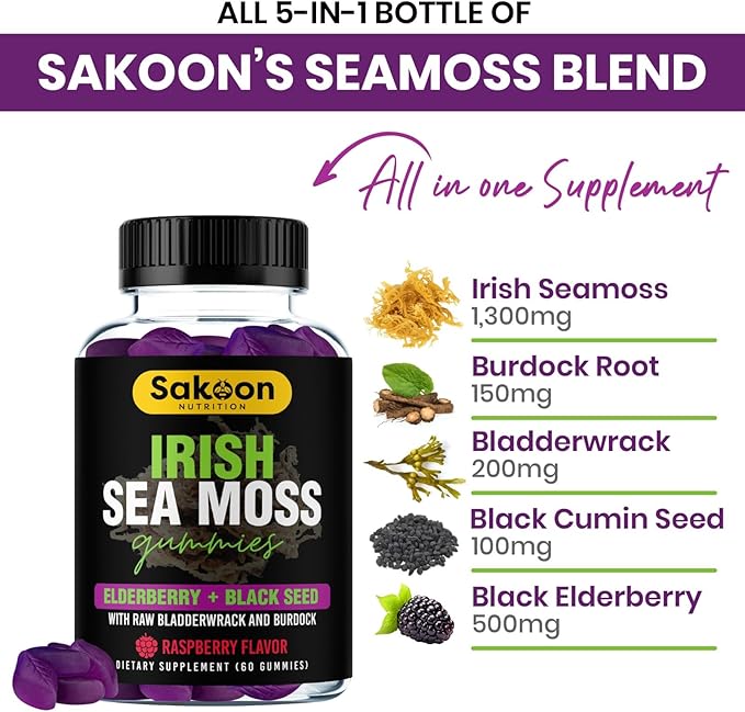 Sakoon nutrition Irish Sea Moss Gummies with Elderberry & Black Seed Oil - Overall Wellness Support | Rich in Vitamins, Raspberry Flavor | 60 Gummies