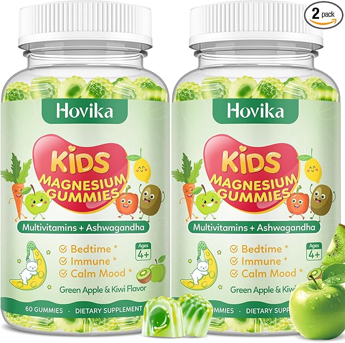 2 Pack Center-Filled Magnesium Glycinate Gummies for Kids - Magnesium Supplement Gummes with L-Theanine, Chamomile & Multivitamins for Sleep, Calm & Focus, Melatonin-Free - Green Apple & Kiwi, 60 CT
