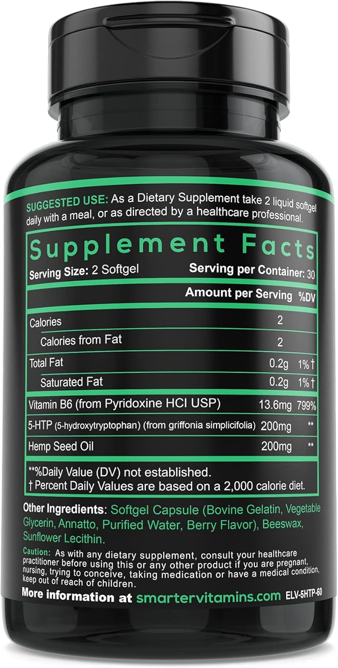 SmarterVitamins 200mg 5-HTP + Vitamin B6, Extended Time Release, 60 softgels, 30 Servings