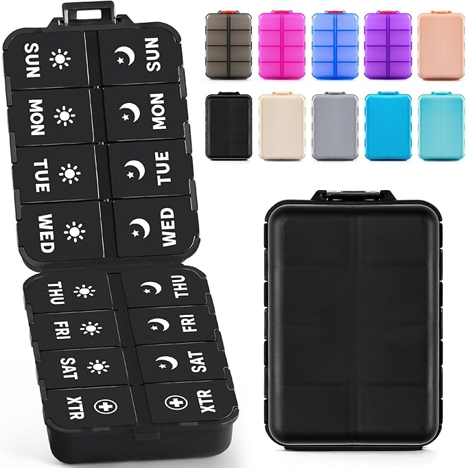 Foldable Weekly Pill Organizer 2 Times a Day with 2 Extra Compartments (Clear Printed Labels) - Portable 7 Day AM PM Medicine Box, Week Daily Travel Pill Case Holder for Vitamin, Supplement - Black