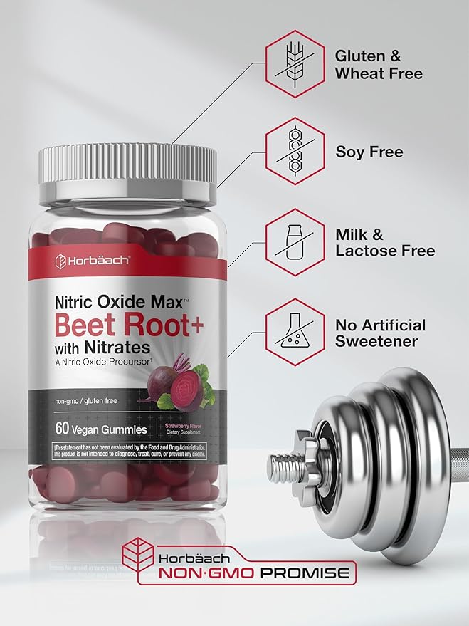 Horbäach Nitric Oxide Beet Root Gummies | 60 Chews| with Nitrates, Vitamin C & Black Pepper | for Men & Women | Strawberry Flavor | Vegan, Non-GMO, Gluten Free Supplement