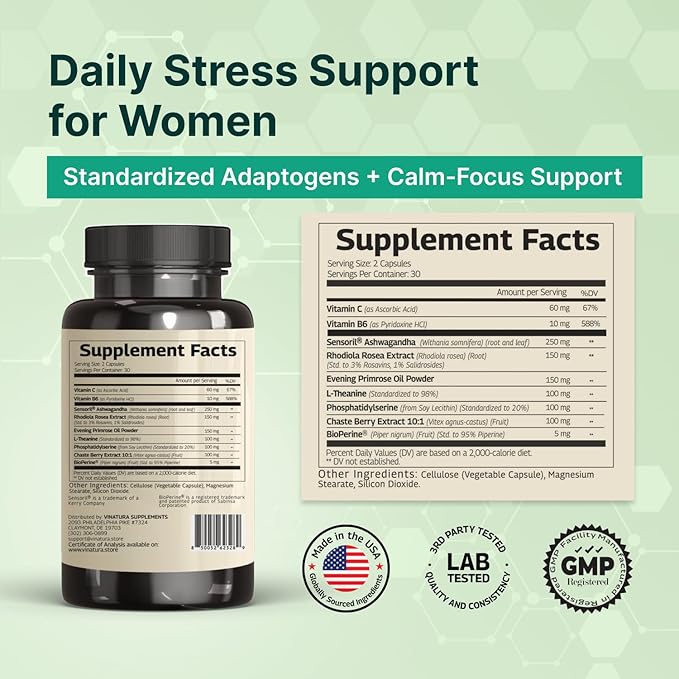 VINATURA Cortisol Supplements for Women - Cortisol Detox and Management - Adrenal Support, Stress Support, 60 Vegan Capsules
