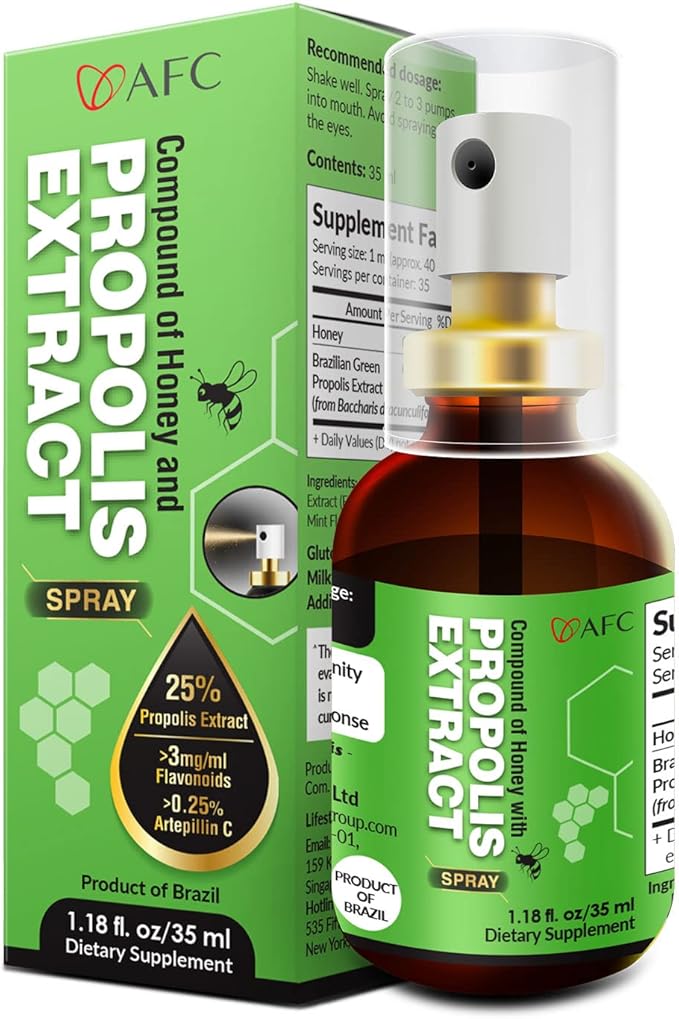AFC Japan Brazilian Green Propolis Extract with Honey Throat Spray | Natural Throat Relief, Immune Support & Freshen Breath | High Artepilin C & Flavonoids from Propolis Extract | (1.0 oz) (Pack of 1)