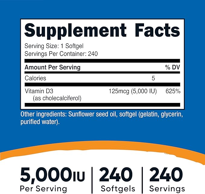 Nutricost Vitamin D3 5,000 IU (125mcg), 240 Softgels - Non-GMO and Gluten Free Vitamin D
