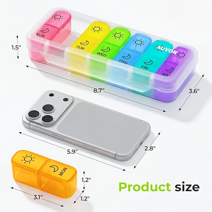AUVON Weekly Pill Organizer 2 Times a Day in 7 Colors with Face-Up Labels for Easy Organization, Portable AM PM Pill Box 7 Day with Dual Protection Keeps Medications, Vitamins, Fish Oils from Spills