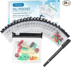 Serfeymi 32 Pcs Pill Pouch Bags for Travel Reusable Plastic Bags 3 x 3 Inches 12 mil (Double Sided) Translucent Zippered Pill Pouches for Medicine with Slide Lock & Writable Label，1 Pc Marker - Black
