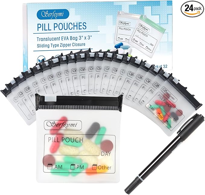 Serfeymi 32 Pcs Pill Pouch Bags for Travel Reusable Plastic Bags 3 x 3 Inches 12 mil (Double Sided) Translucent Zippered Pill Pouches for Medicine with Slide Lock & Writable Label，1 Pc Marker - Black
