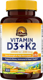 Vitalitown Vitamin D3 K2 Supplement, Vitamin D3 10000 IU Vitamin K2 (MK7) 200 mcg, 300 Softgels, Non-GMO, No Gluten & Soy, for Bone, Teeth, Immune & Heart Health
