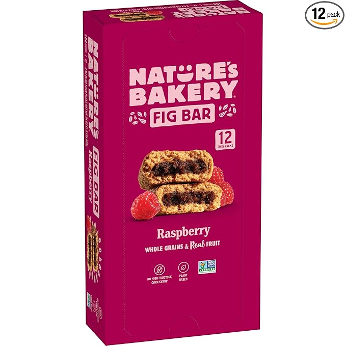 Nature’s Bakery Whole Wheat Fig Bars, Raspberry, Real Fruit, Vegan, Non-GMO, Snack bar, 1 box with 12 twin packs (12 twin packs)