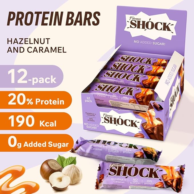 Fitness SHOCK Hazelnut Caramel Protein Bars - No Added Sugar, Low Calorie Low Carb Snack - 10g Protein, 0g Added Sugar, 190 Kcal, 16g Net Carbs - 12 x 50g