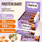 Fitness SHOCK Hazelnut Caramel Protein Bars - No Added Sugar, Low Calorie Low Carb Snack - 10g Protein, 0g Added Sugar, 190 Kcal, 16g Net Carbs - 12 x 50g