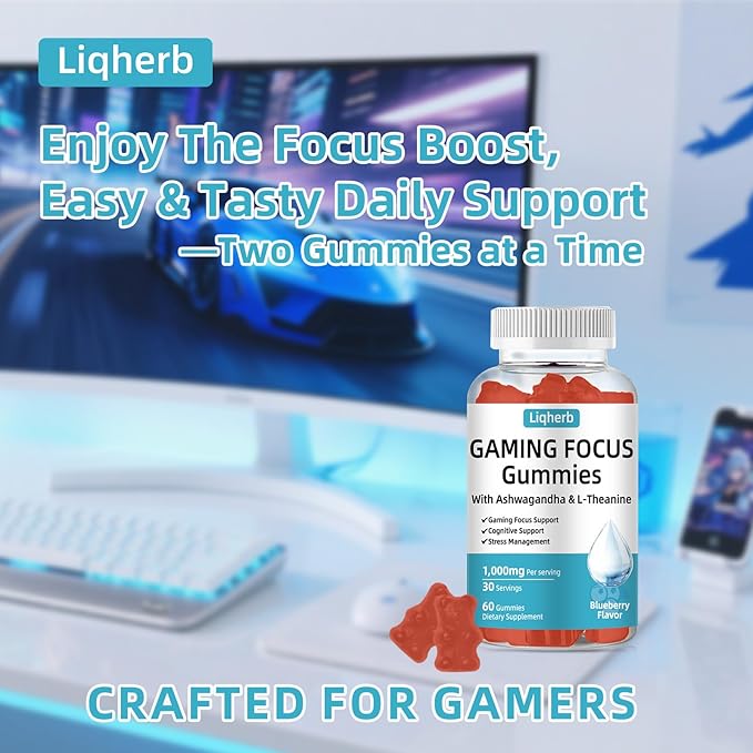 Focus Gummy for Gaming: with L-Theanine, Ashwagandha & Taurine, Stress Relief, Energy & Focus, for Gamers & Pros, Caffeine-Free, Sugar-Free Blueberry Flavor, Vegan, Non-GMO, Gluten Free, 60