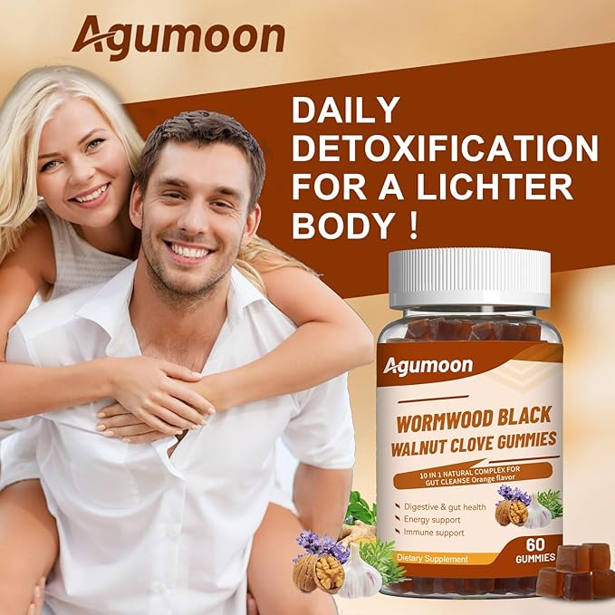 10-in-1 Wormwood Black Walnut Clove Gummies for Adults,Herbal Supplement for Gut Cleanse & Digestive Wellness with Garlic,Turmeric,Pumpkin Seed,Oregano,Moringa,60 Gummies