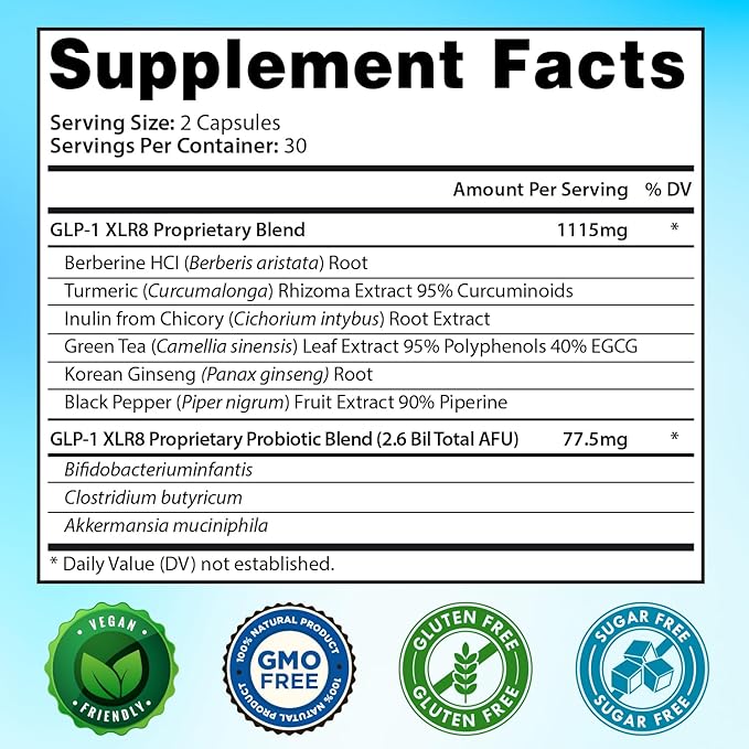 GLP-1 XLR8 Supplement for Weight Loss, Digestion, Constipation, Bloating Relief with Akkermansia 2.6 Billion AFU Live Prebiotic Probiotic Postbiotic Gut Health + Berberine for Women Men 360 Capsules