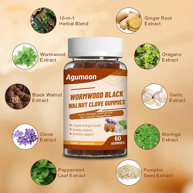 10-in-1 Wormwood Black Walnut Clove Gummies for Adults,Herbal Supplement for Gut Cleanse & Digestive Wellness with Garlic,Turmeric,Pumpkin Seed,Oregano,Moringa,120 Gummies