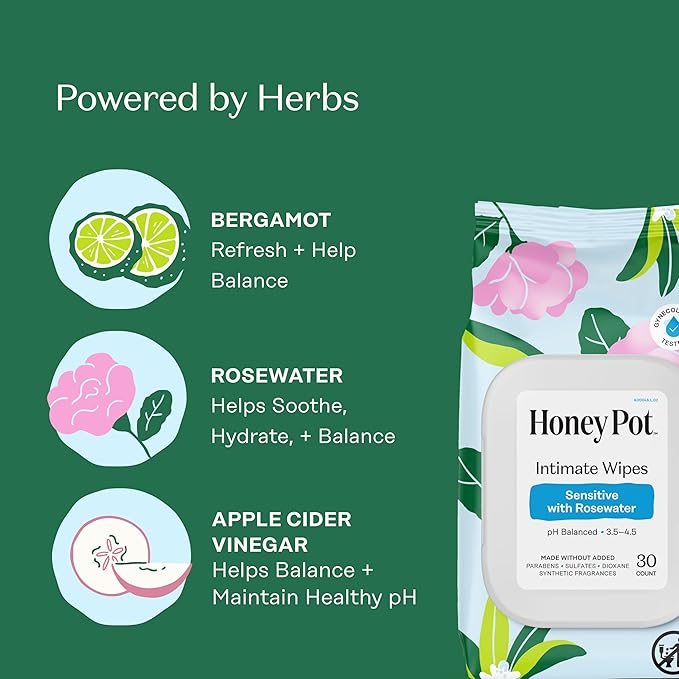 The Honey Pot Company - Feminine Wipes - Daily PH Balancing, Fragrance & Sulfate Free Wipes for Intimate Parts, Body, or Face - Hygiene Products - Sensitive w/Rosewater - 30 ct