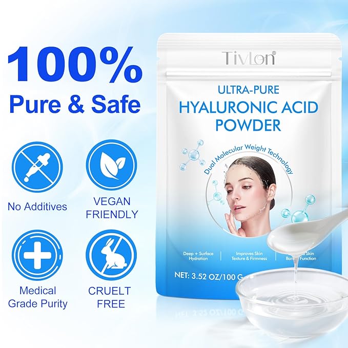 2 Pack Hyaluronic Acid Powder for Skin – High Molecular Weight, Deeply Hydrating, Cosmetic Grade Water-Soluble Powder, Vegan, Gluten-Free, Ideal for DIY Serums & Creams, 7.6oz