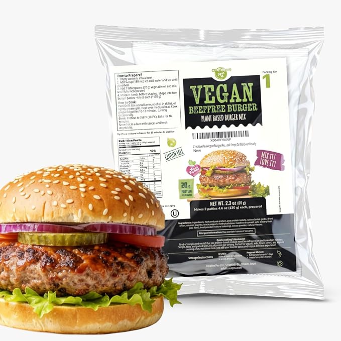 Creative Pea Beeffree Burger Mix 4-Pack | Plant-Based Patties | High-Protein Shelf-Stable Pea Protein | Just Add Water & Oil | Quick Vegan Meal Kit | Gluten-Free | 4 x 65g
