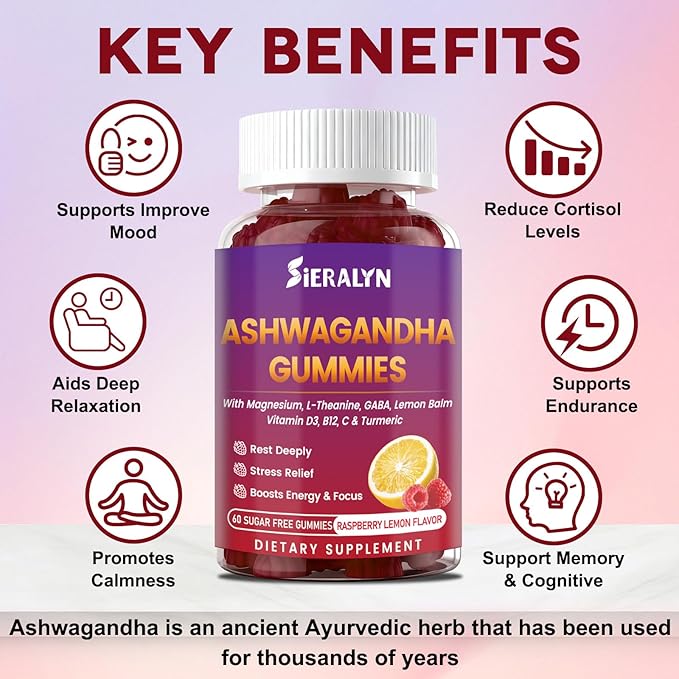 Ashwagandha Gummies 2000mg, Ashwagandha Supplements for Women Men with L-Theanine, GABA, Magnesium, Vitamins – Stress Relief, Immune & Mood Support, Sugar-Free, Vegan, Non-GMO, 60 Count