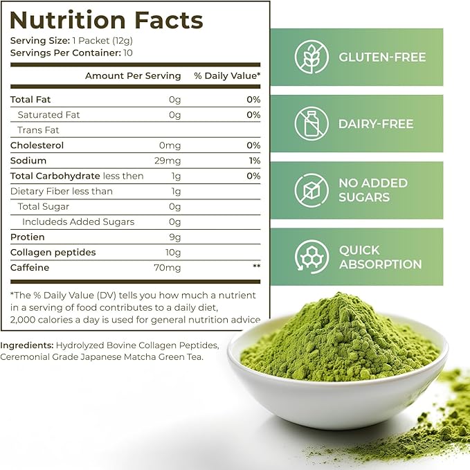 Maiji Japan Matcha Collagen Peptides Powder Supplement, Ceremonial Grade Matcha Green Tea Powder (15 Servings Bag)