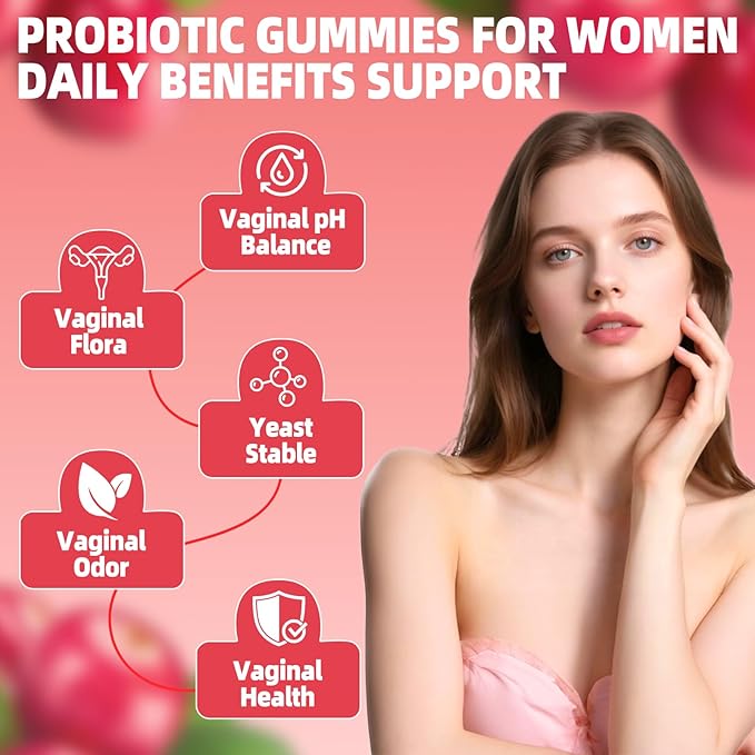 Women Probiotic Gummies - Viginal Probiotics for Women, Feminine pH Balance Supplement, Prebiotic Chewable Gummy, for Vaginal Health, Yeast Balance, Immune Defense, Healthy Odor, Cranberry, 60 Count