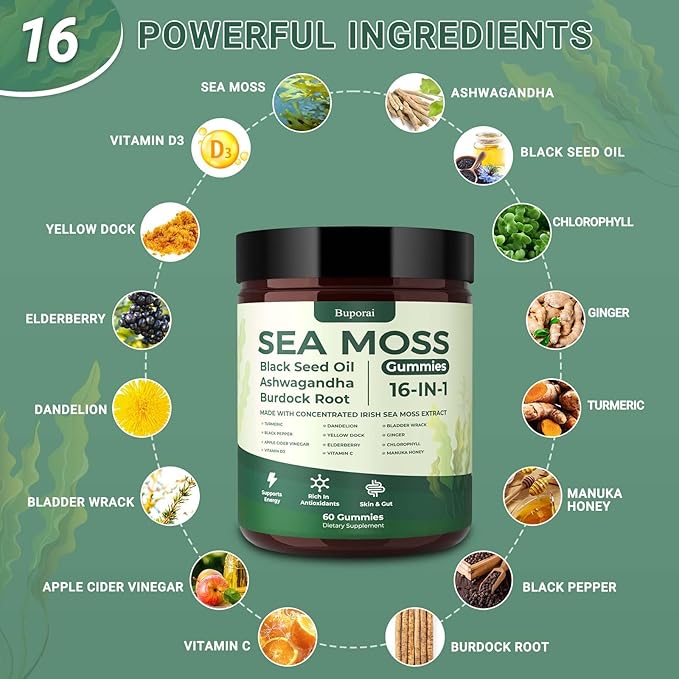 Sea Moss Gummies 16-1, Black Seed Oil Ashwagandha Turmeric Bladder Wrack Vitamin C Vitamin D3 Elderberry Manuka Dandelion Yellow Dock Apple Cider Vinegar for Men & Women