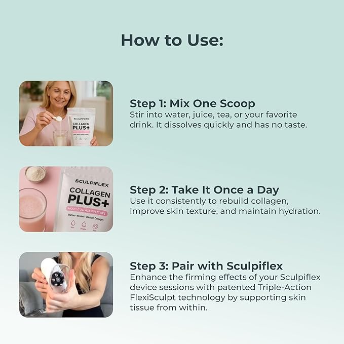Sculpiflex Hydrolyzed Collagen Peptides Powder, Marine, Bovine, and Chicken Unflavored Multi Collagen Complex for Women, Firms Skin and Boosts Elasticity, Hydrating with Hyaluronic Acid (30 Servings)