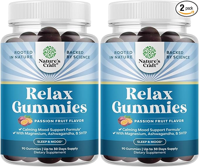 Calming Gummies for Adults with Ashwagandha and Magnesium - Relaxing Stress Gummies with L Theanine 5HTP and Lemon Balm Extract - Adaptogenic Chamomile Extract Vitamin B6 - 90 Count (Pack of 2)