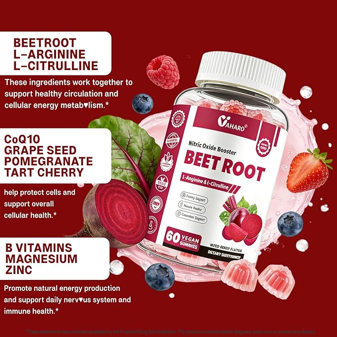 Beet Root Gummies - Nitric Oxide Booster Supplements for Men & Women with Beetroot, L-Citrulline & L-Arginine - Heart, Muscle & Circulation Support - Sugar Free, Vegan, Mixed Berry Flavor, 60 Gummies
