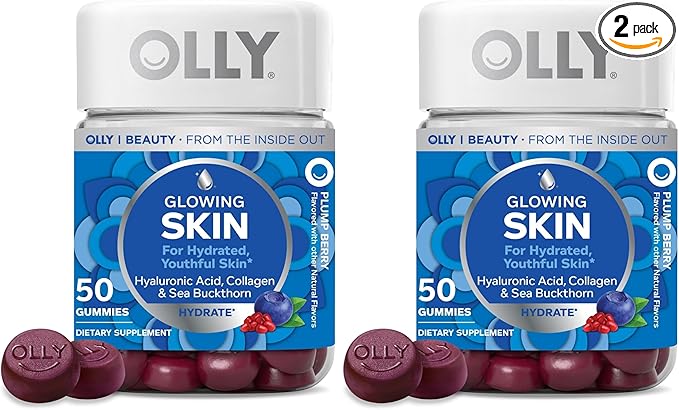 OLLY Glowing Skin Gummy, Hydrated & Youthful Skin,* Hyaluronic Acid, Collagen Peptides, Sea Buckthorn, Plump Berry Flavor, 25 Day Supply - 50 Count (Pack of 2)