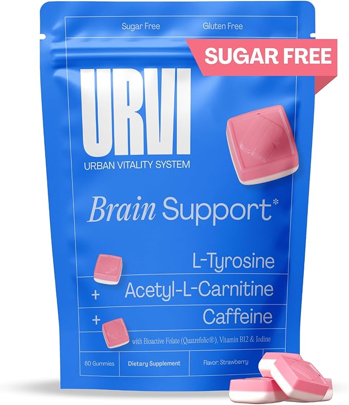 URVI® Brain Gummies – L-Tyrosine, Acetyl-L-Carnitine, Caffeine, L Methyl Folate (Quatrefolic® 5-MTHF), Vitamin B12 & Iodine – Boosts Energy & Focus – Sugar-Free – Strawberry Flavor – 60 Gummies