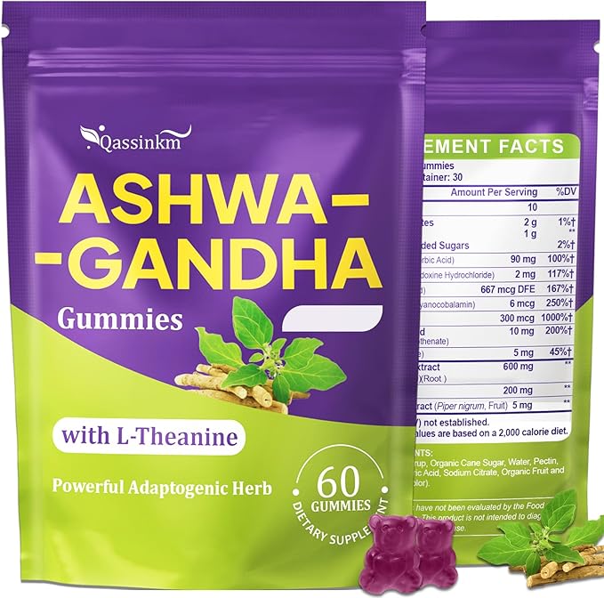 Ashwagandha Gummies - 10 IN 1 Organic Ashwaganda Gummies for Women & Men, with L Theanine, Vitamin B6, Black Pepper for Relaxation*, Cognitive, Immune, Zzz, Cortisol, Vegan, Berry Flavor - 60 Count