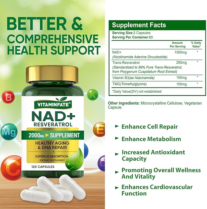 NAD+ Supplement 2000 mg - 120 Capsules True NAD+ & Resveratrol, NMN Alternative Supports Anti-Aging, Cellular Energy & Repair, Metabolism & Brain Boost for Men & Women